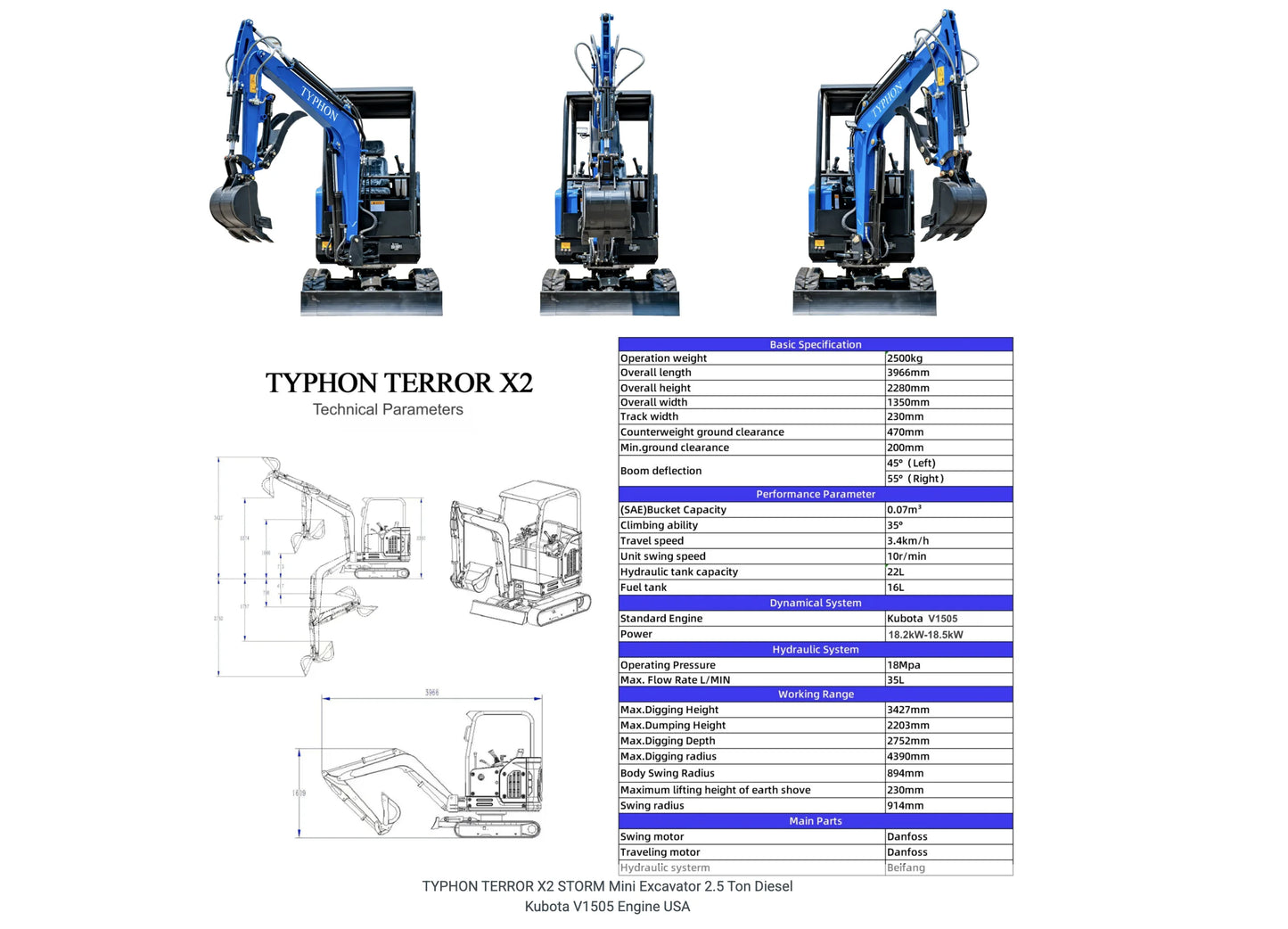 TYPHON TERROR X2 STORM Mini Excavator with Kubota V1505 Engine, 2.5 Ton, Diesel